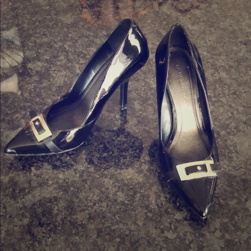 4”black heels with silver buckle.